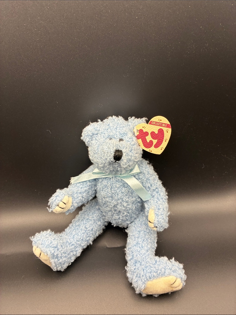 Ty Light Blue Curly Plush Teddy Bear with Ribbon Bow